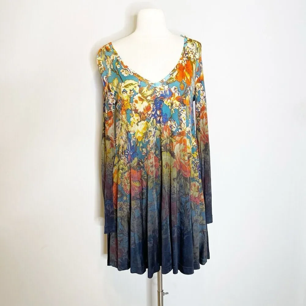 Free People XS Annette‎ Floral Tunic Mini Dress Boho Ombre Flowy Rayon Stretch